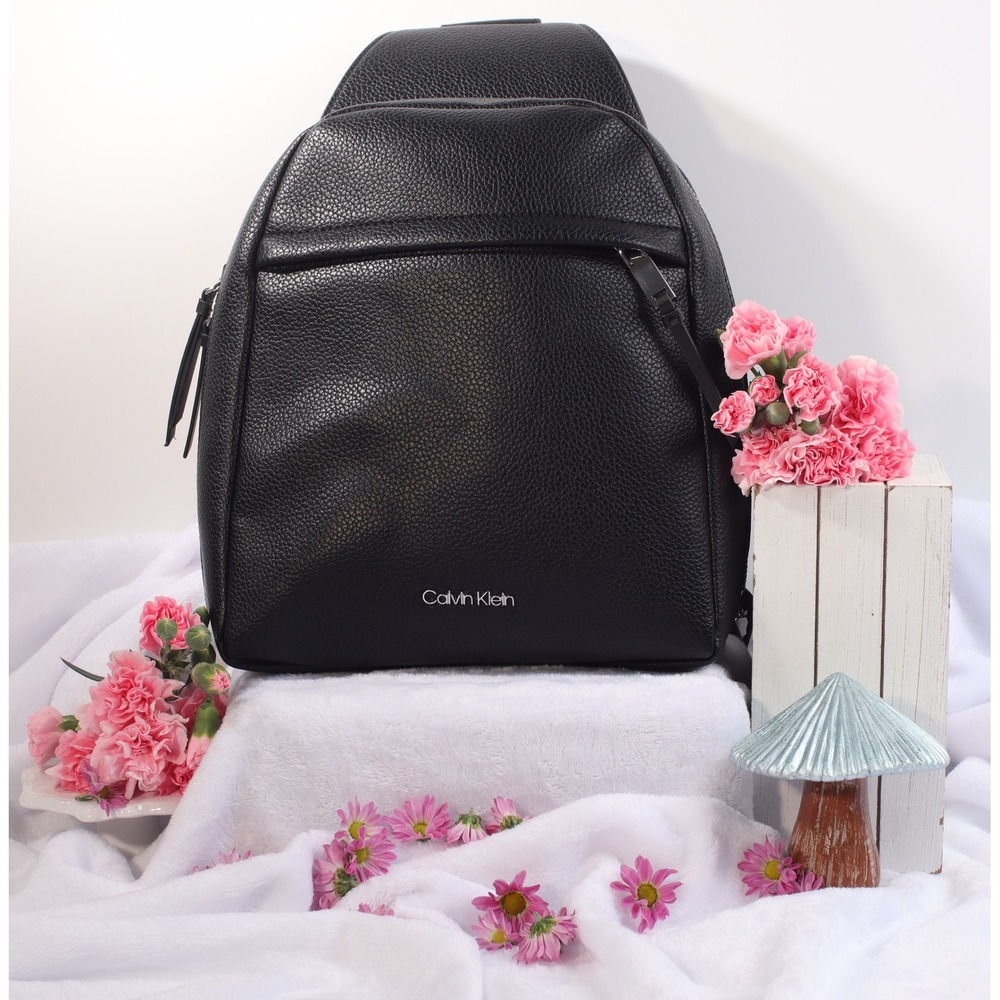 Calvin Klein Black Pebbled Leather Sling Backpack Convertible Strap
